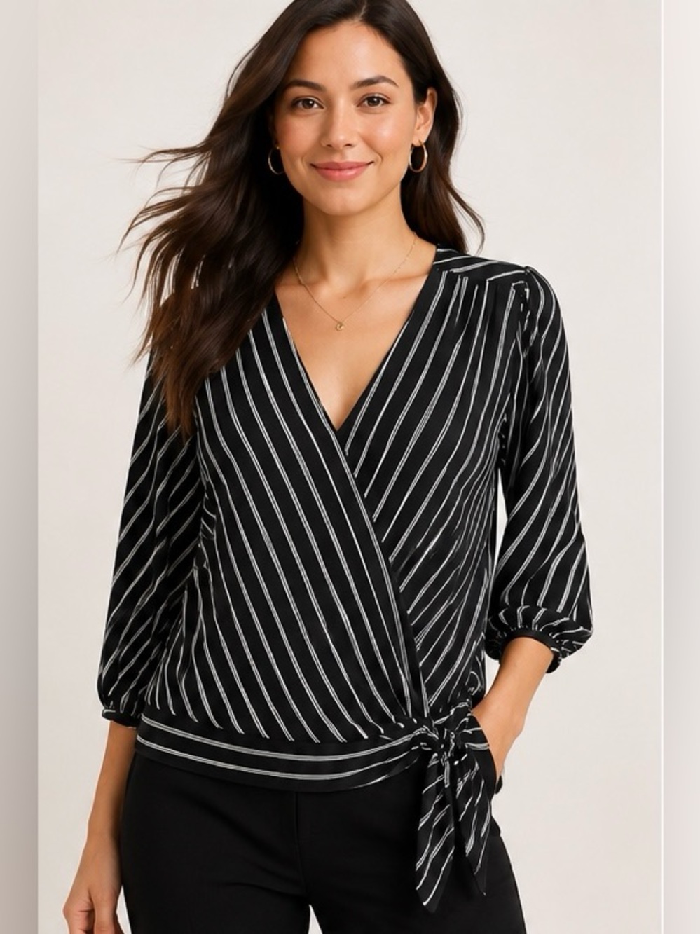 LOFT Black White Striped Wrap Tie Blouse Top L